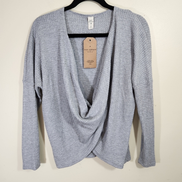 womens lazy sundays grey waffle slub knit top crossover casual sz m usa nwt - Picture 1 of 8